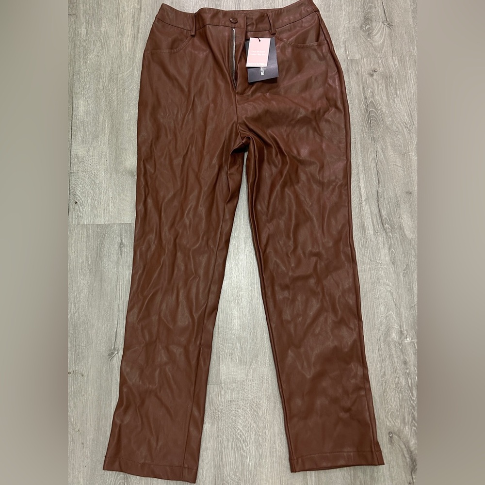 PrettyLittleThing Tan Faux Leather Pants